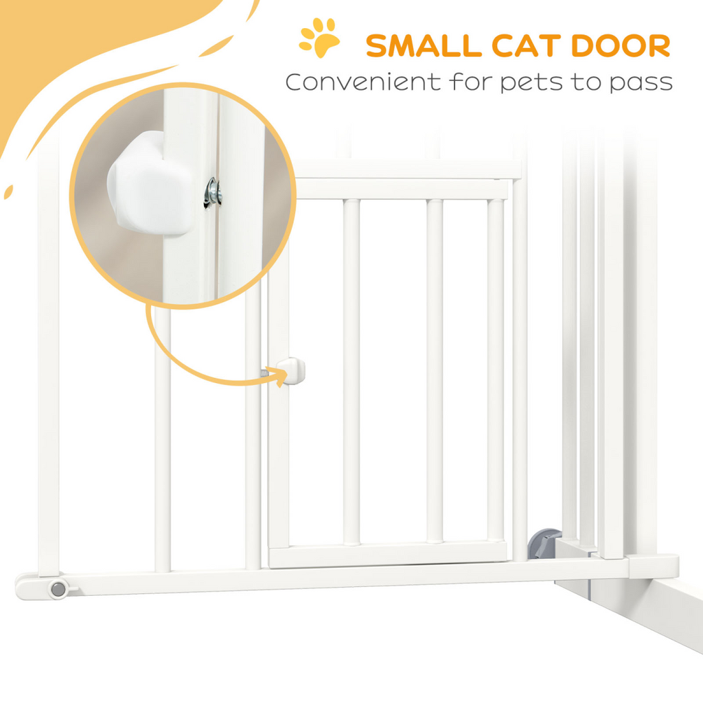 PawHut pressure fit safety gate for dogs with small cat door opening, adjustable width 74-80cm, white metal design.