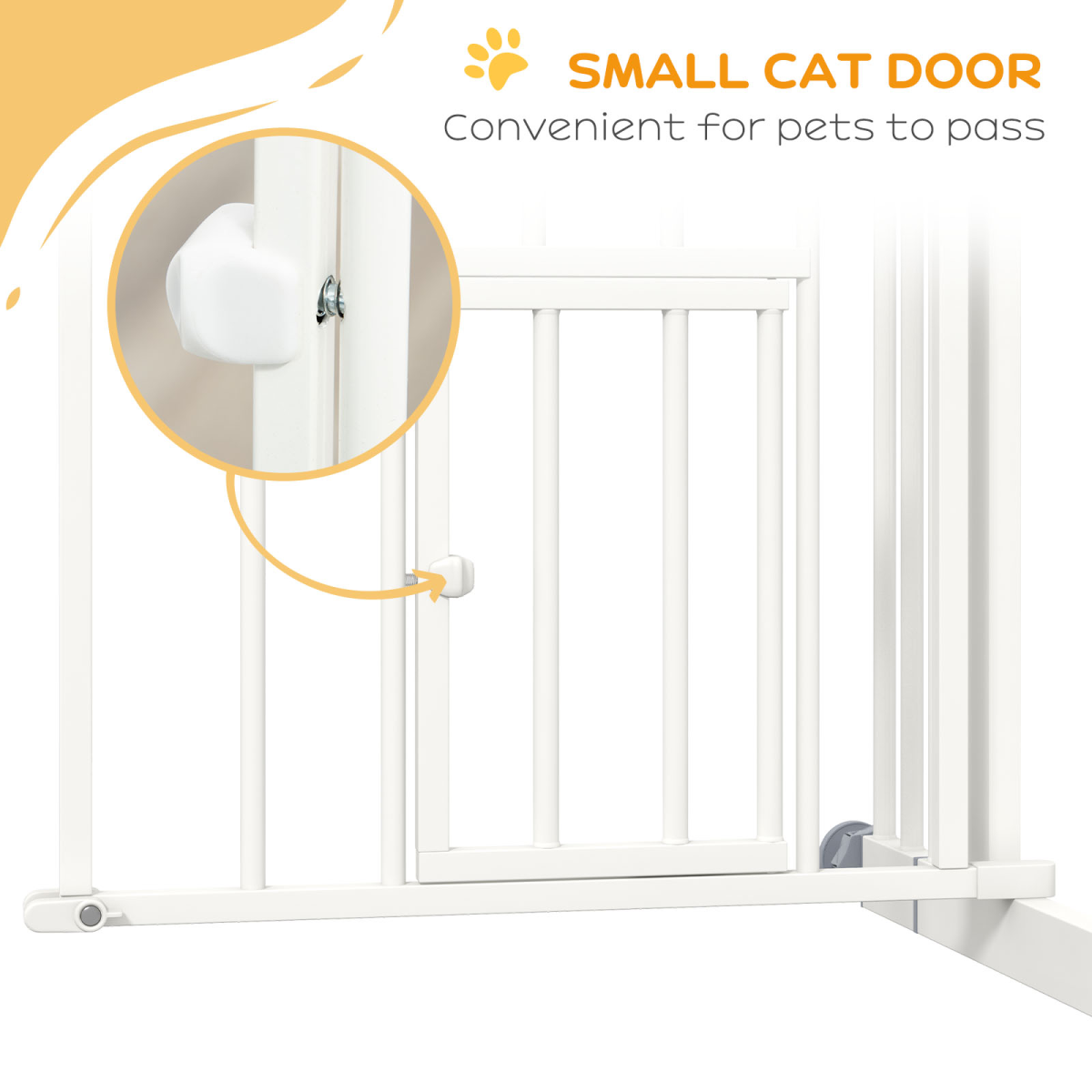 PawHut pressure fit safety gate for dogs with small cat door opening, adjustable width 74-80cm, white metal design.