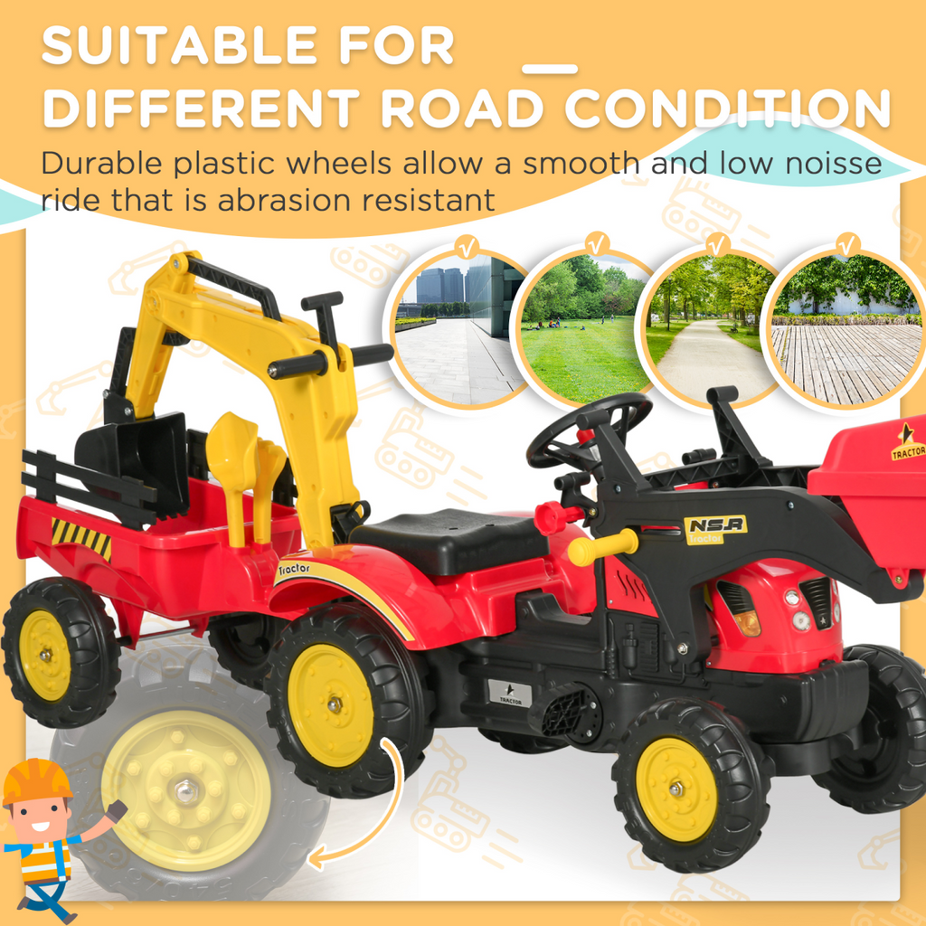 HOMCOM pedal-powered tractor ride-on car with moving bucket and steering wheel for kids aged 3-6 years.