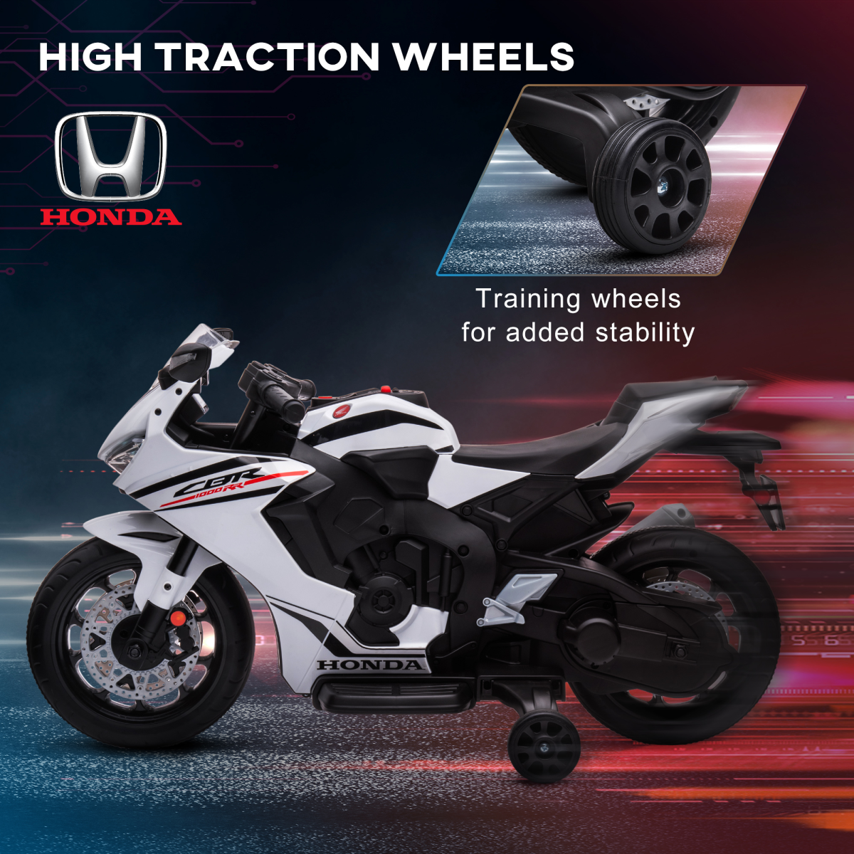 Licensed Honda 6V electric motorbike with training wheels for ages 3-5, featuring a vibrant design and sturdy build.