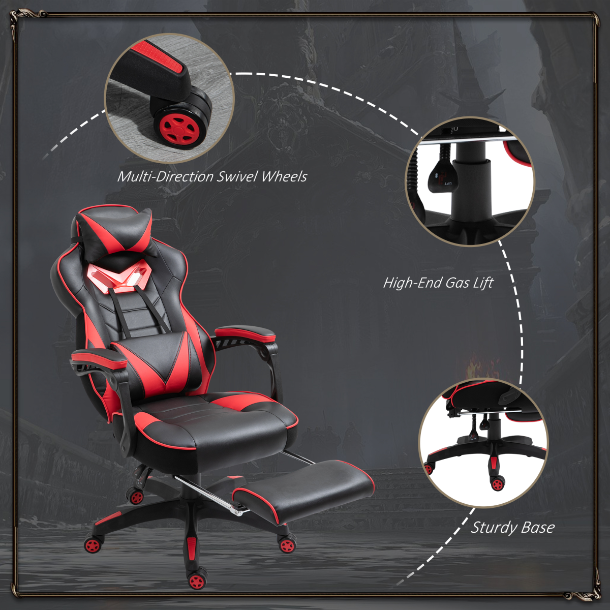 Red ergonomic gaming chair by HomeCraft, featuring a reclining design and manual footrest for comfort in any setting.