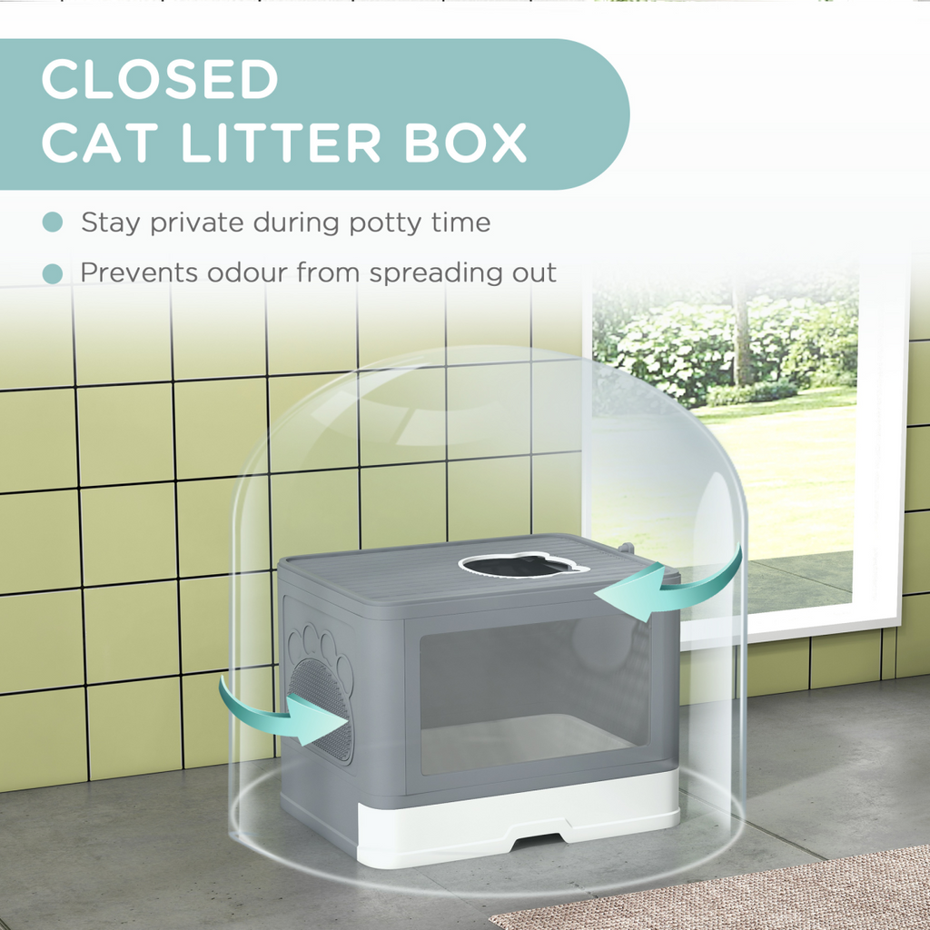 PawHut Cat Litter Tray Enclosed with Lid, Front Entry Top Exit, Scoop, Brush