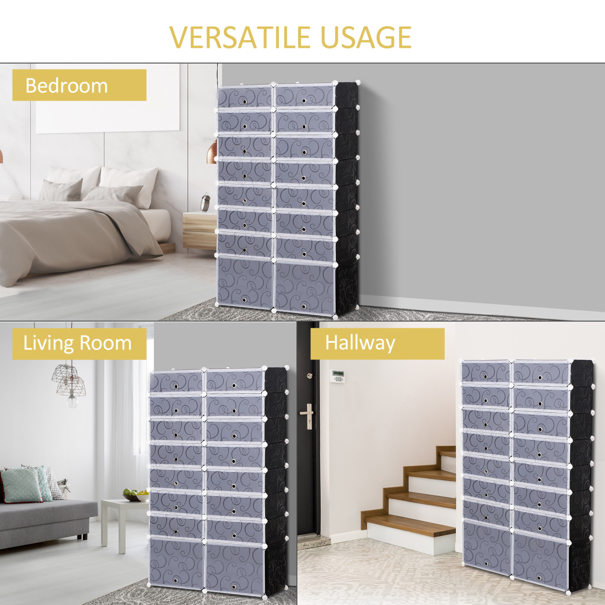 16-cube modular shoe rack in interlocking plastic, 160cm tall, showcasing a tidy arrangement of footwear and accessories.