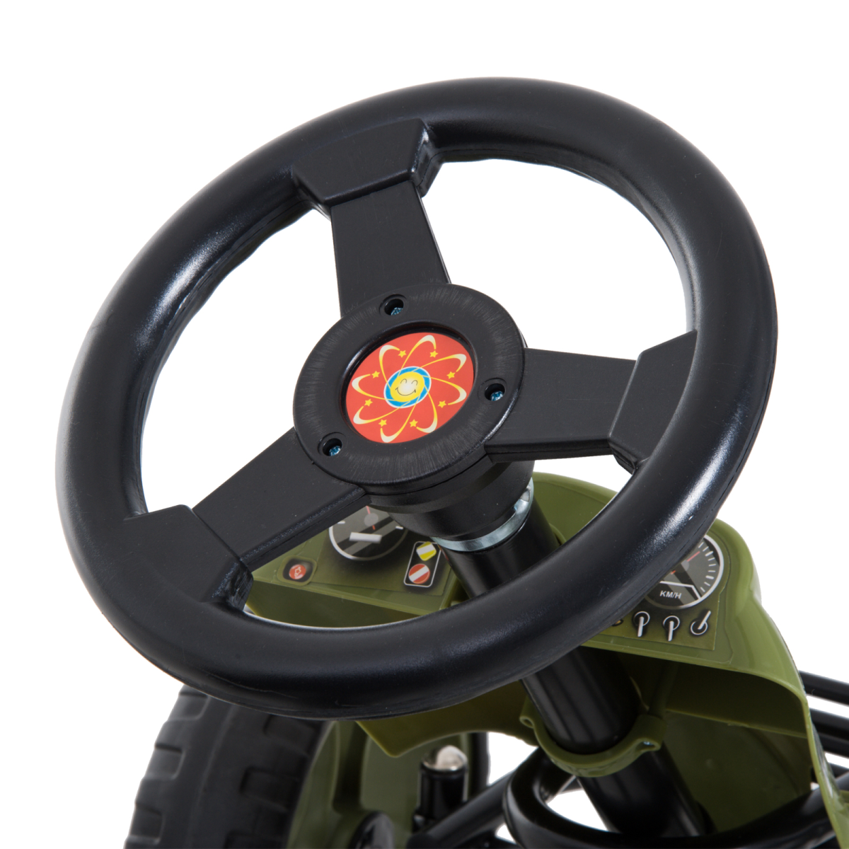 Green FunZone pedal go-kart with hand brake and adjustable seat for kids ages 3-6, featuring a racing design.