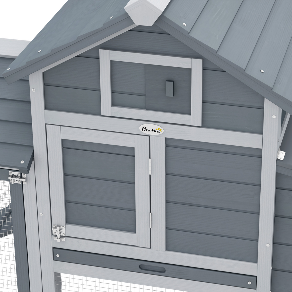 Pawhut small chicken coop with nesting box and outdoor run in grey, measuring 150.5 x 54 x 87 cm.