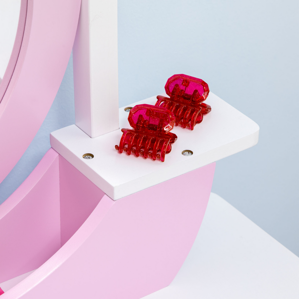 Kids dressing table in pink with mirror and stool, featuring a drawer, suitable for ages 3-6 by FunZone.