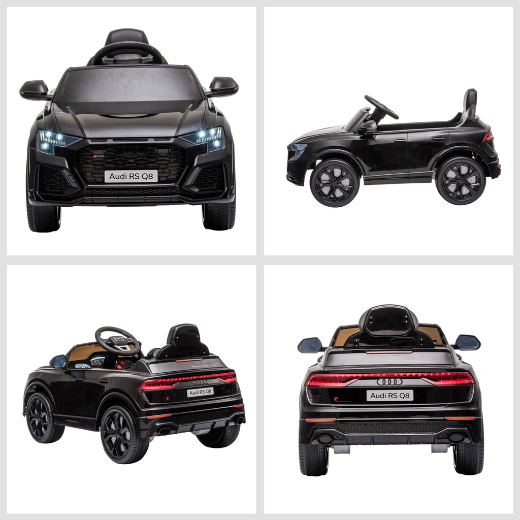 Black Audi RS Q8 kids electric ride-on car toy with remote, USB, MP3, and Bluetooth features by FunZone.
