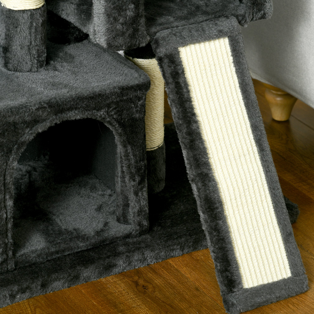 Black cat activity tree with two house perches and scratching post, designed for feline play and rest.