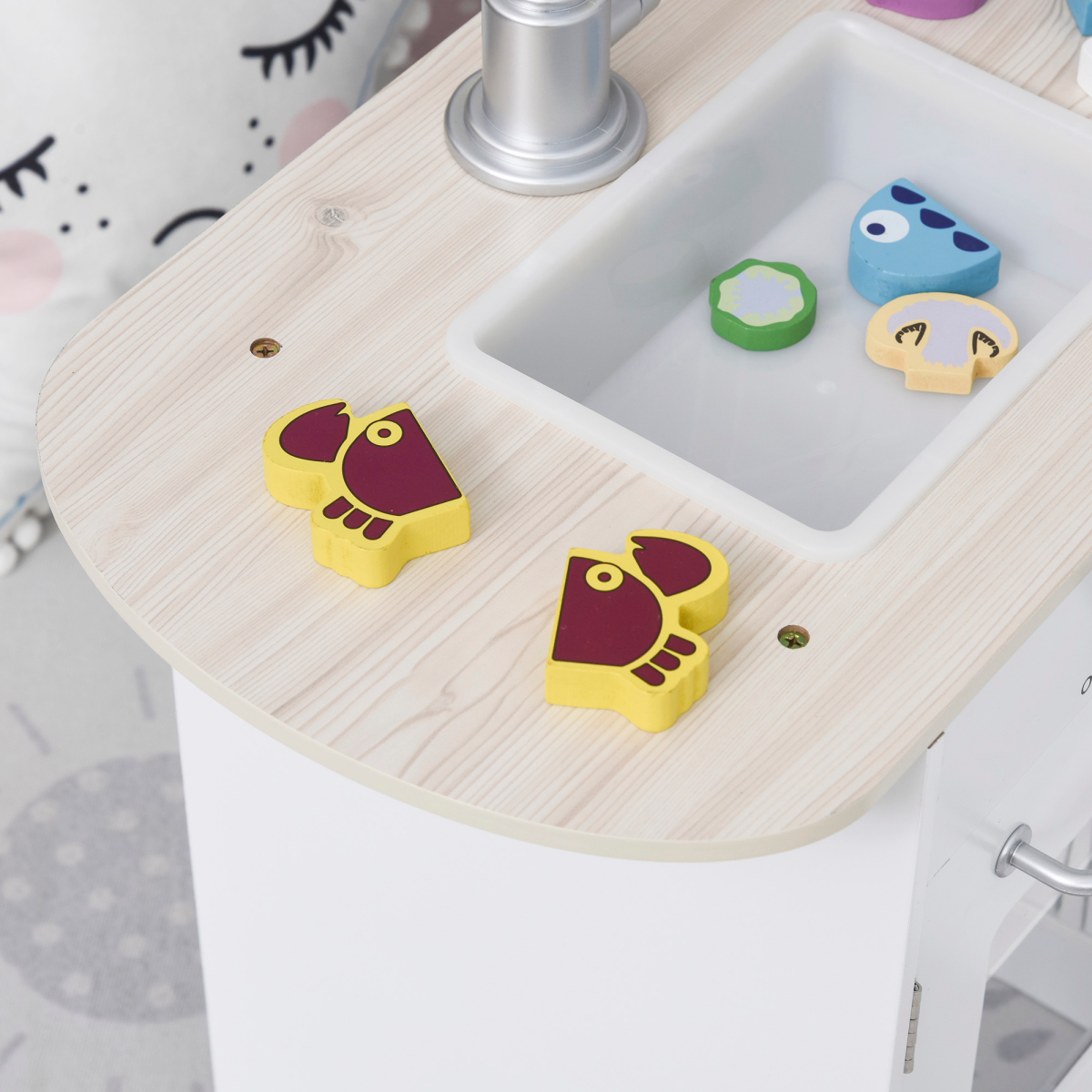 Kids play kitchen toy set featuring a white drinking fountain by HOMCOM, designed for imaginative play and creativity.