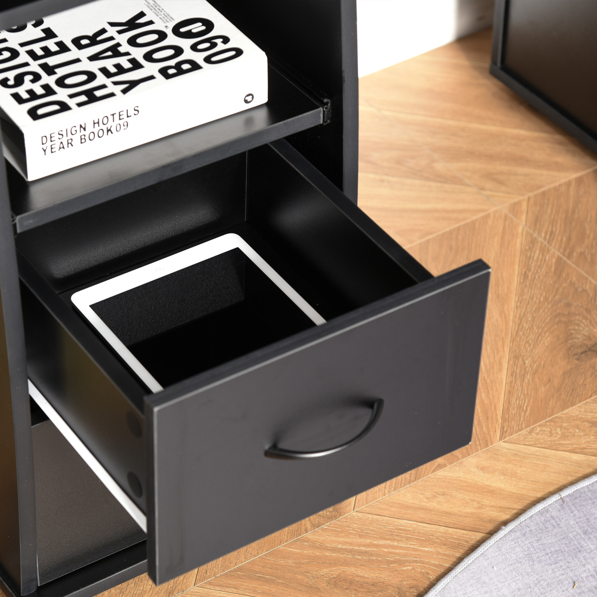Black Computer Office Desk by HomeCraft featuring a keyboard tray, drawer, and monitor shelf in a modern design.