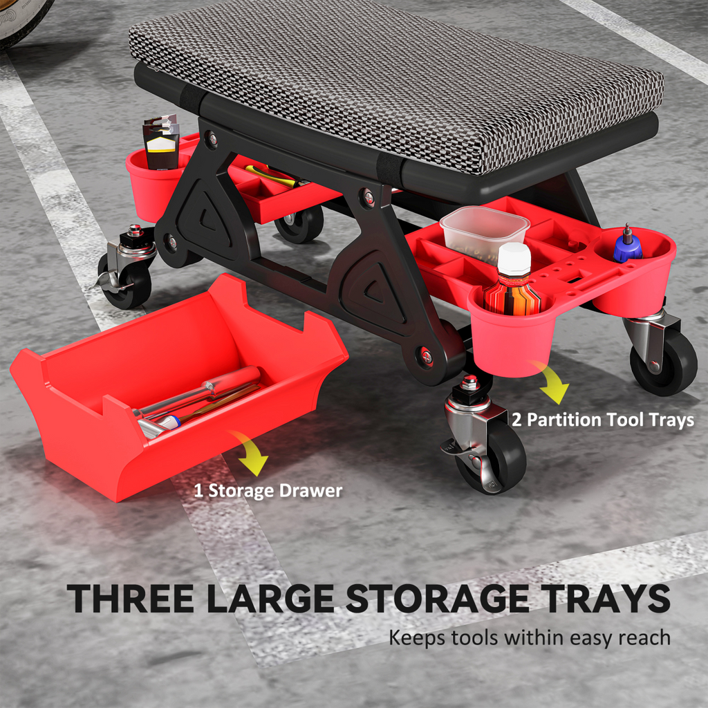 Rolling Mechanic Stool with Storage - 135kg Capacity - Black