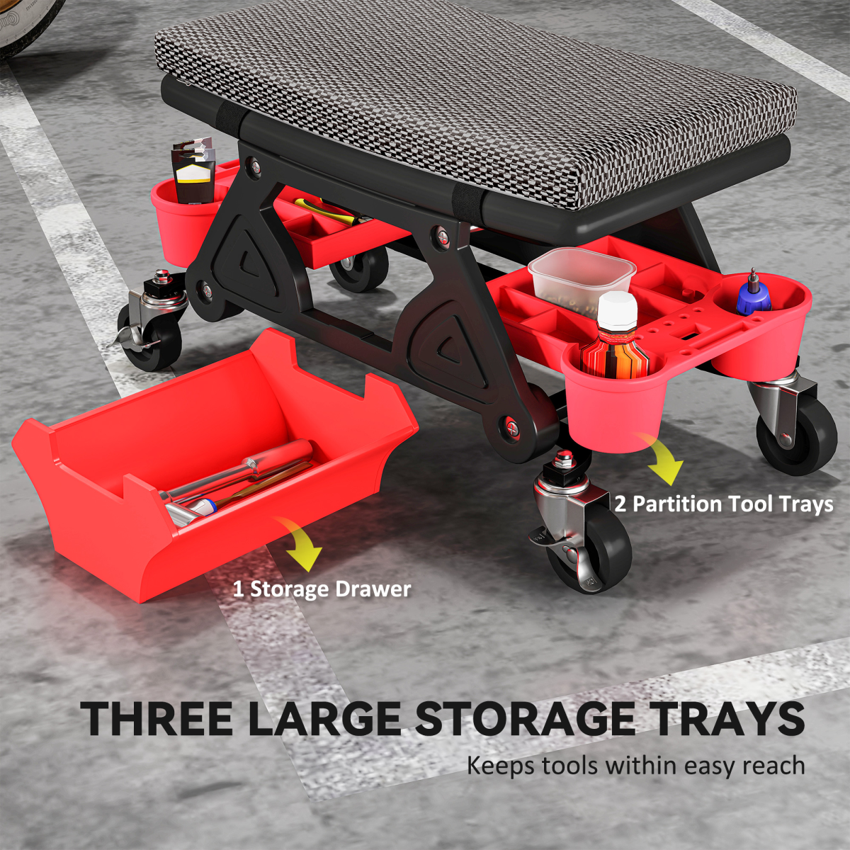 Rolling Mechanic Stool with Storage - 135kg Capacity - Black