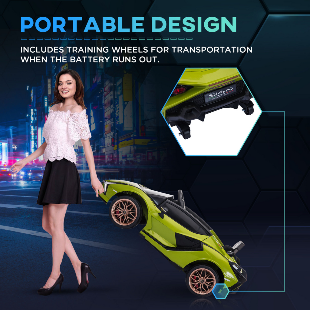 Licensed Lamborghini SIAN 12V electric ride-on car in red with remote control for ages 3-5, showcasing sleek design and details.
