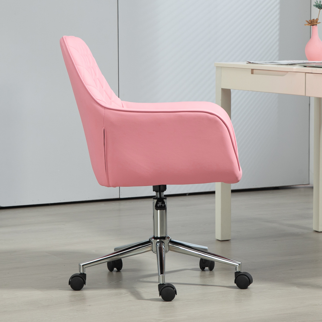 Vinsetto pink leather-feel fabric swivel chair with armrests, designed for home office use, showcasing sleek modern style.