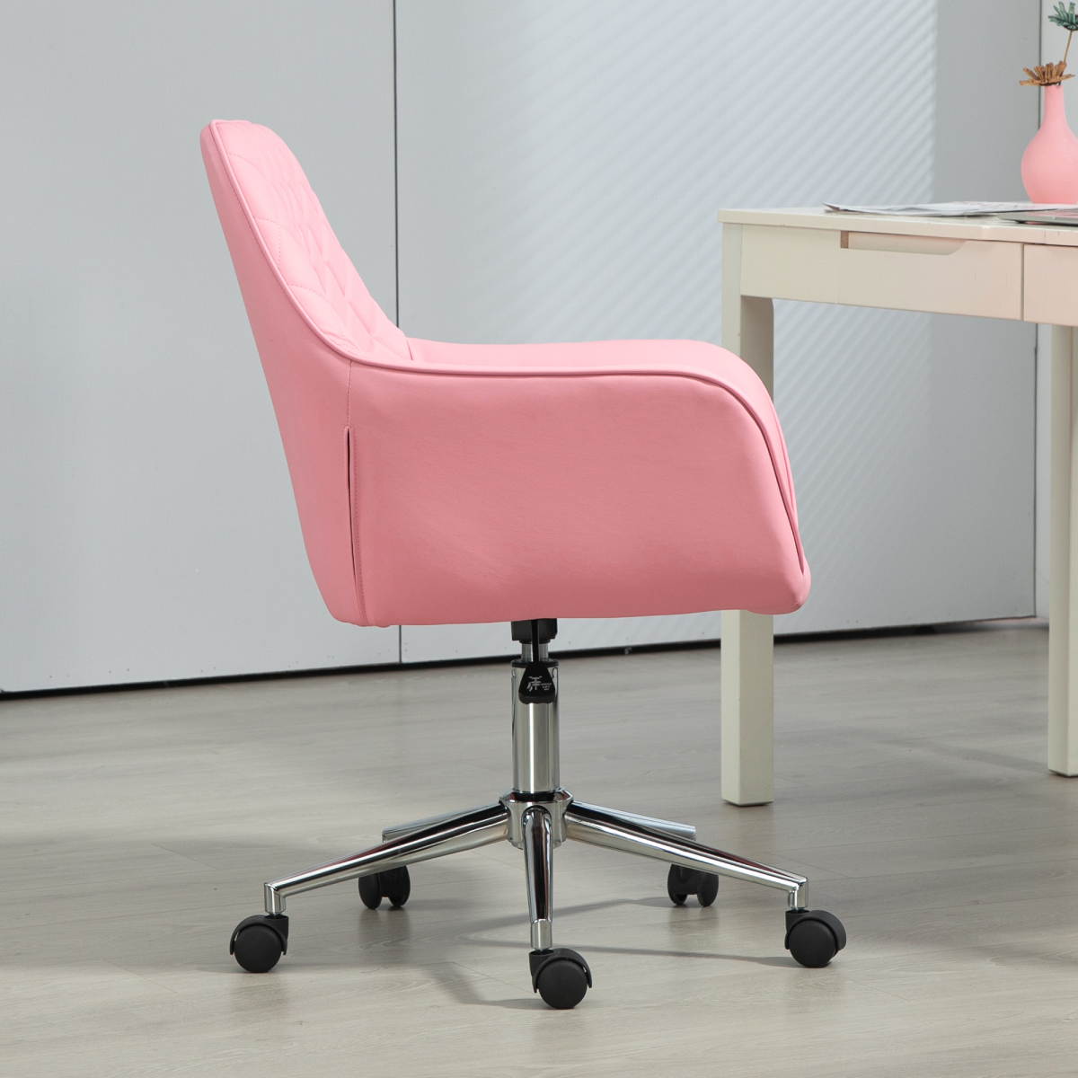 Vinsetto pink leather-feel fabric swivel chair with armrests, designed for home office use, showcasing sleek modern style.
