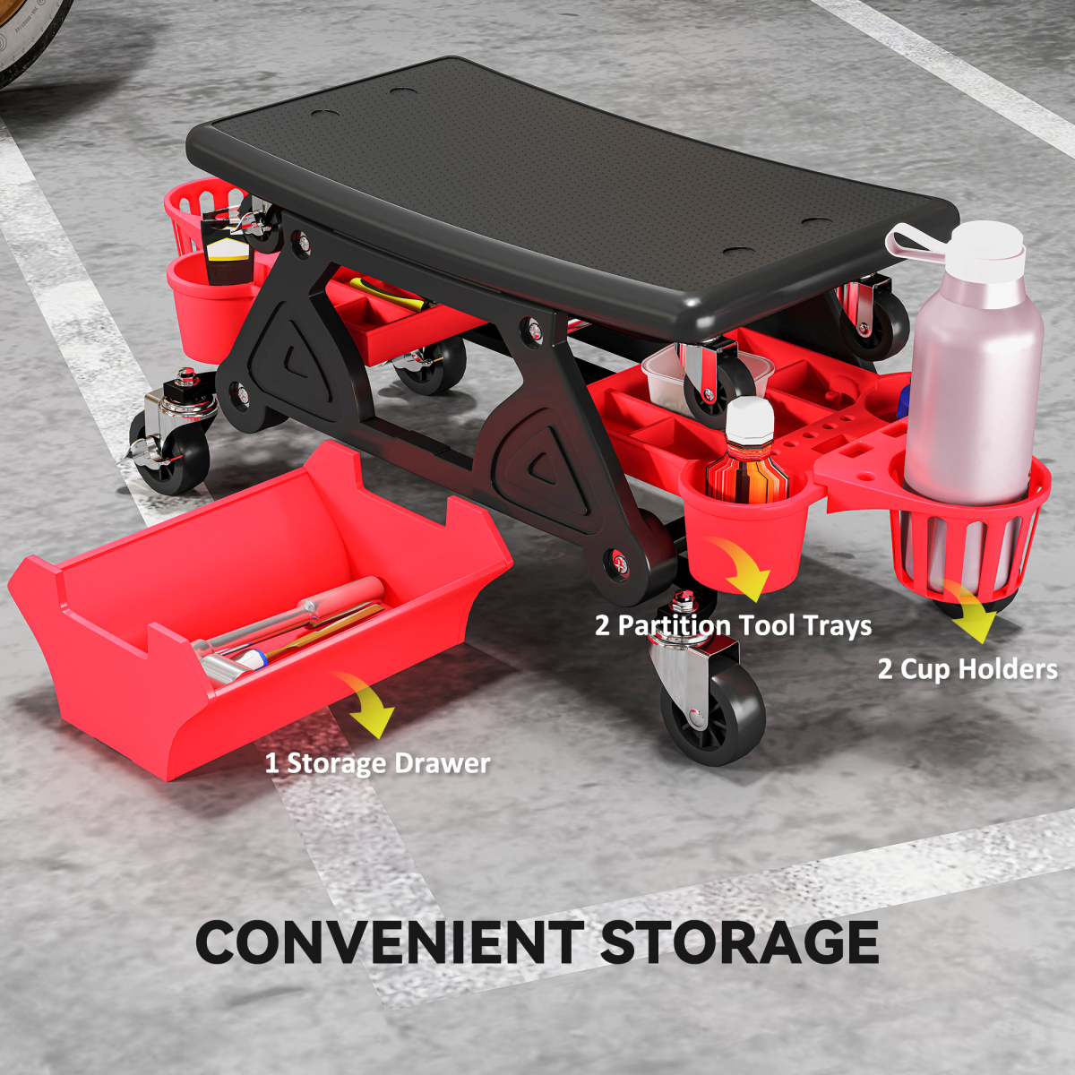 Rolling Mechanic Stool with Detachable Seat & Storage - 135kg Capacity - Red