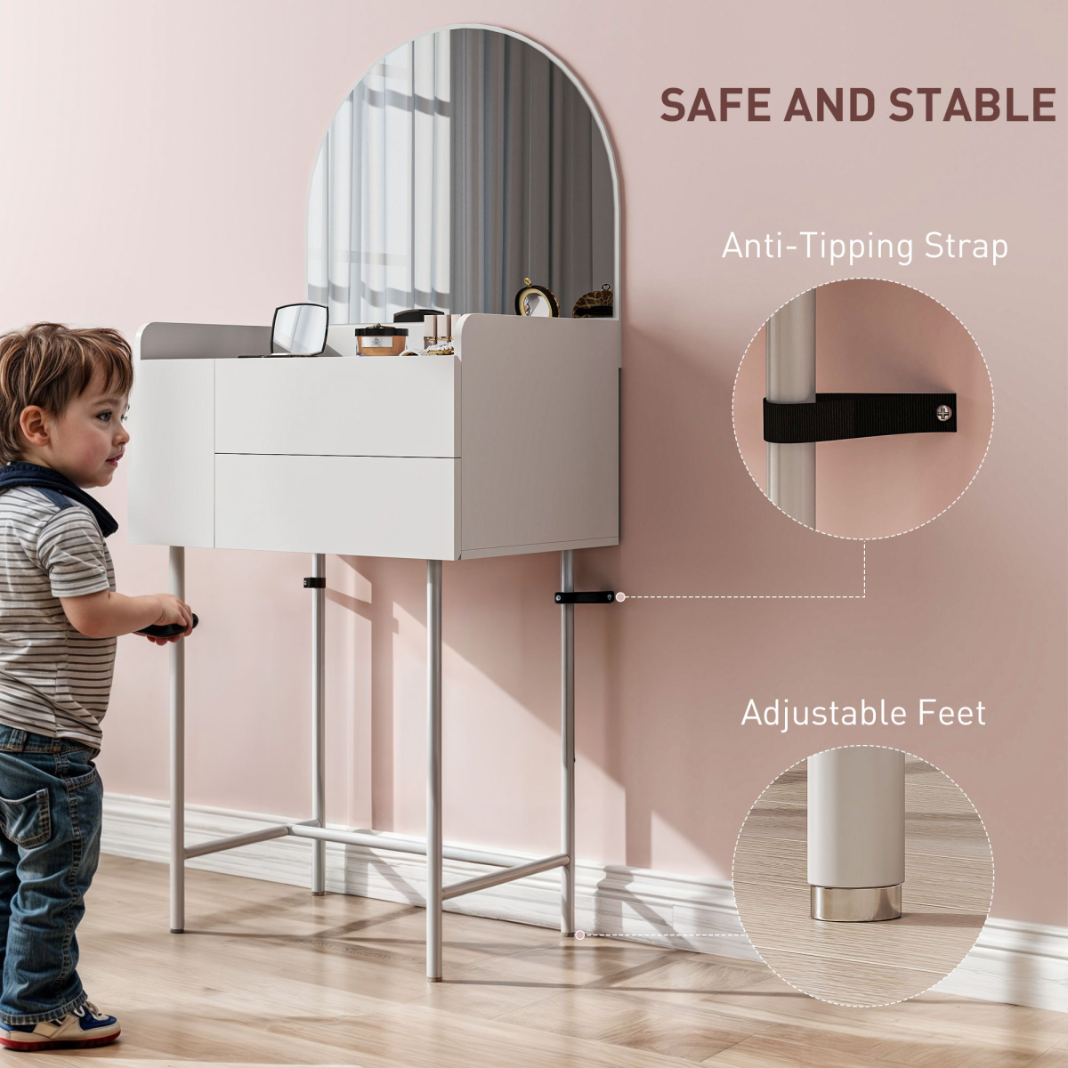 White Makeup Vanity Table with Mirror & Drawers - Modern Dressing Table