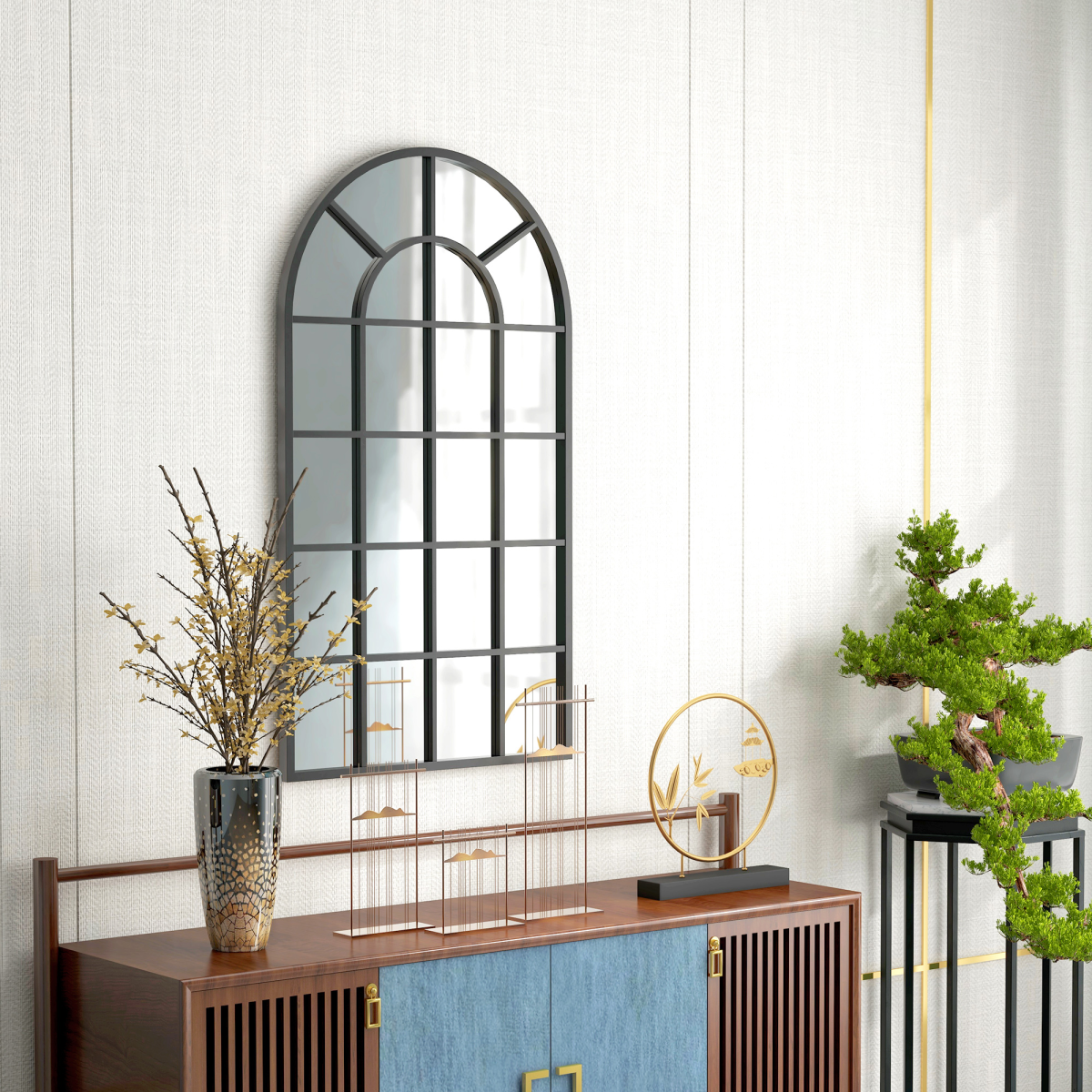 Modern Arch Window Wall Mirror Black - 110x62cm - Living Room Bedroom