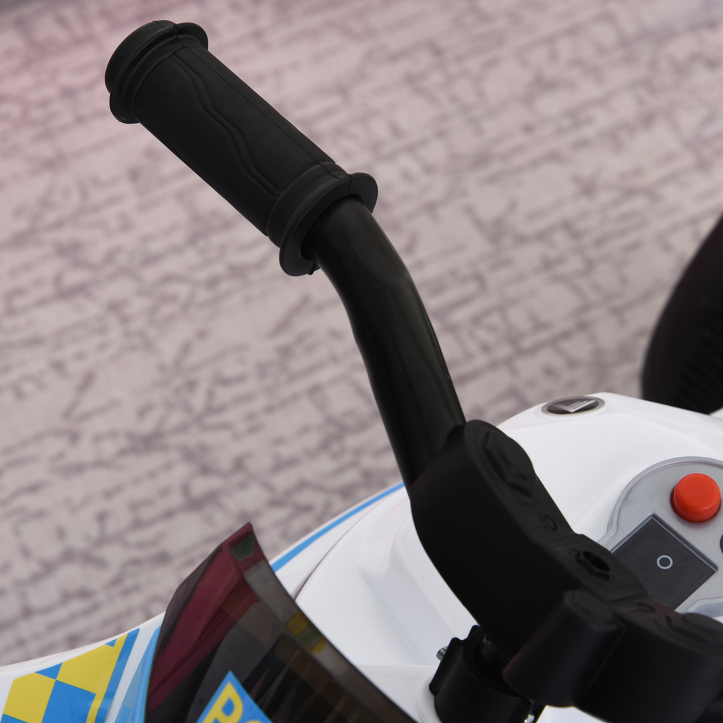 Kids ride-on police bike by FunZone, featuring three wheels, music, and lights for ages 18-36 months.