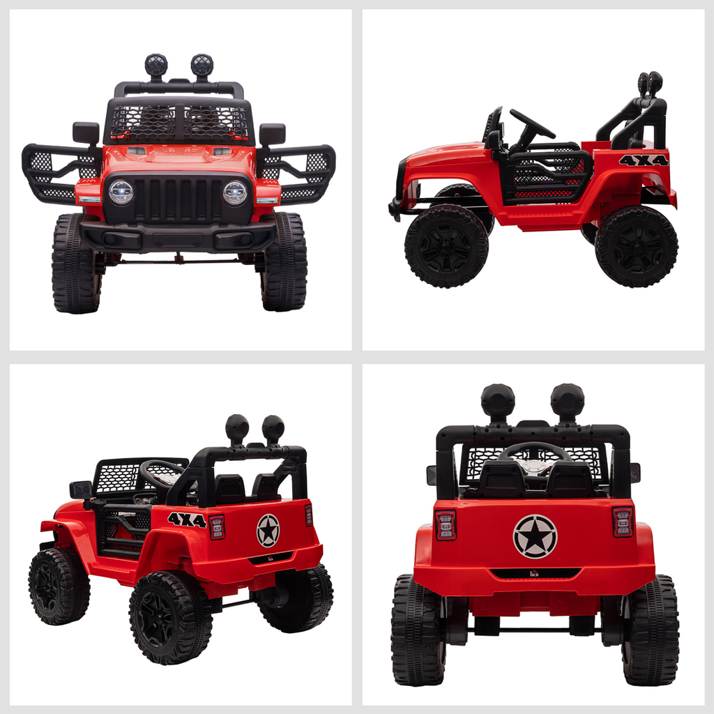 Red HOMCOM FunZone 12V kids electric ride-on truck with remote control, off-road design and realistic features.