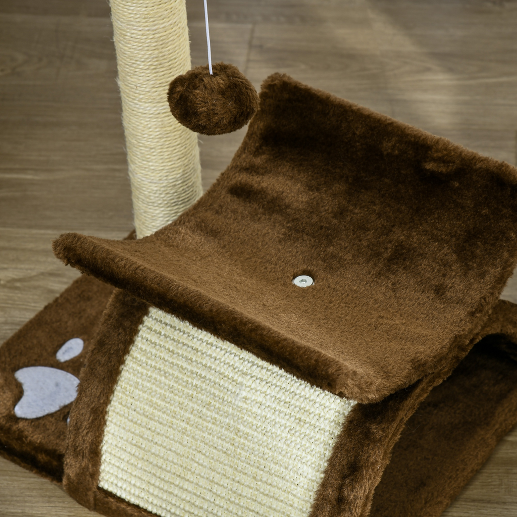 Pawhut cat tree featuring plush scratcher, top bar, tunnel, and dangling ball for kitty play and activity.