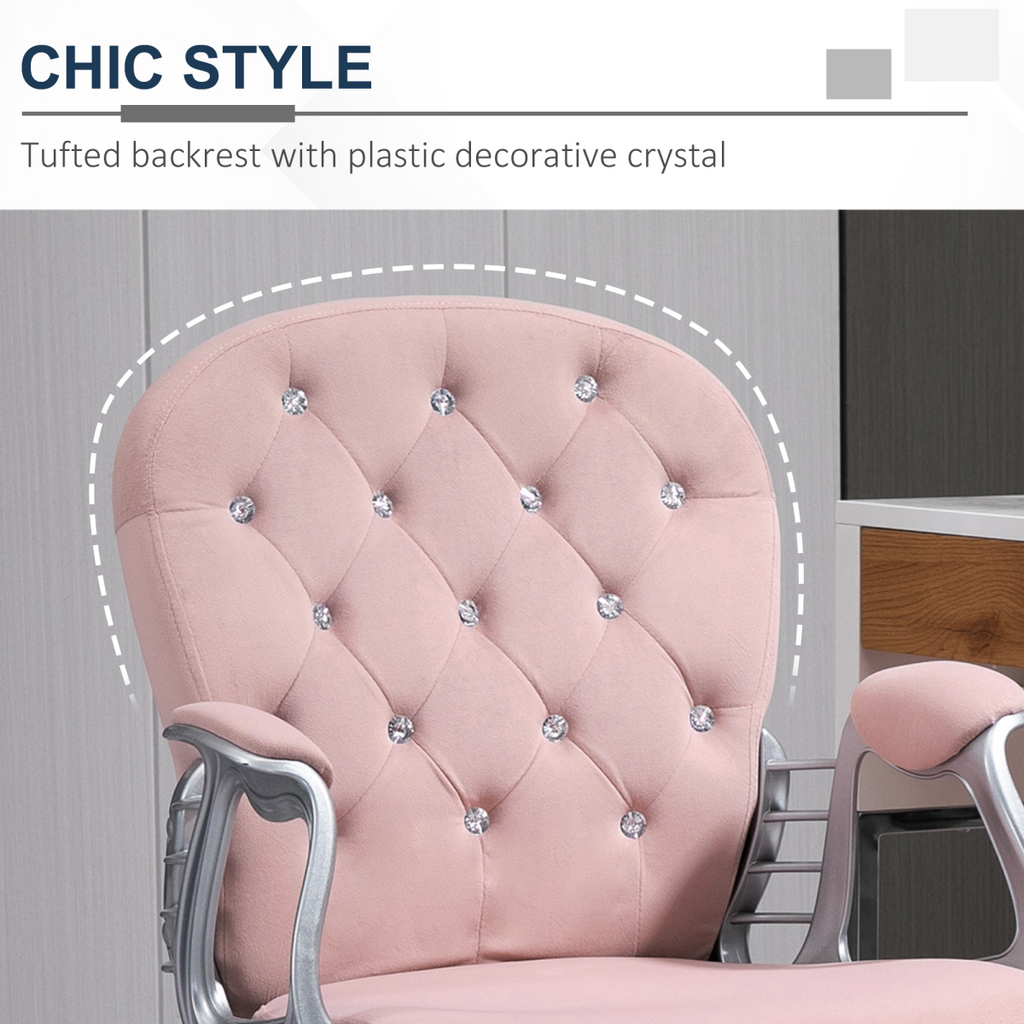 Luxury pink velour office chair with diamond tufting, padded seat, and ergonomic design for 360° swivel functionality.