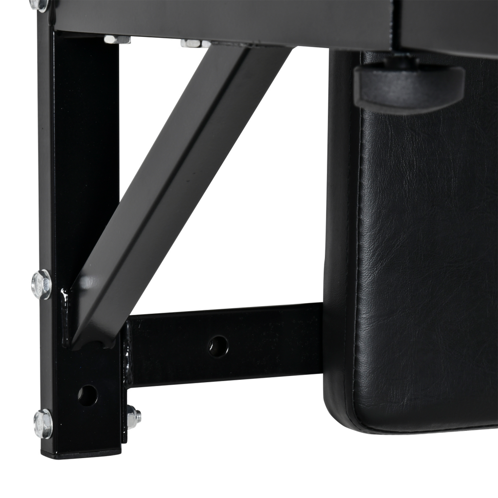 Wall mounted gym rack dip station with pull-up bar and knee leg raise features, designed for strength training workouts.