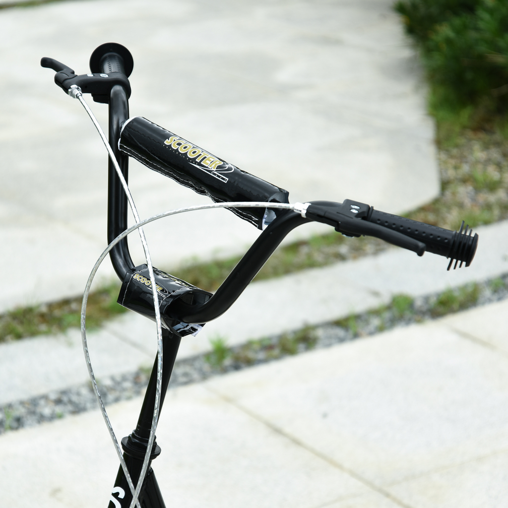 Kids kick scooter in black with adjustable handlebar and inflatable wheels, designed for ages 5 and up.