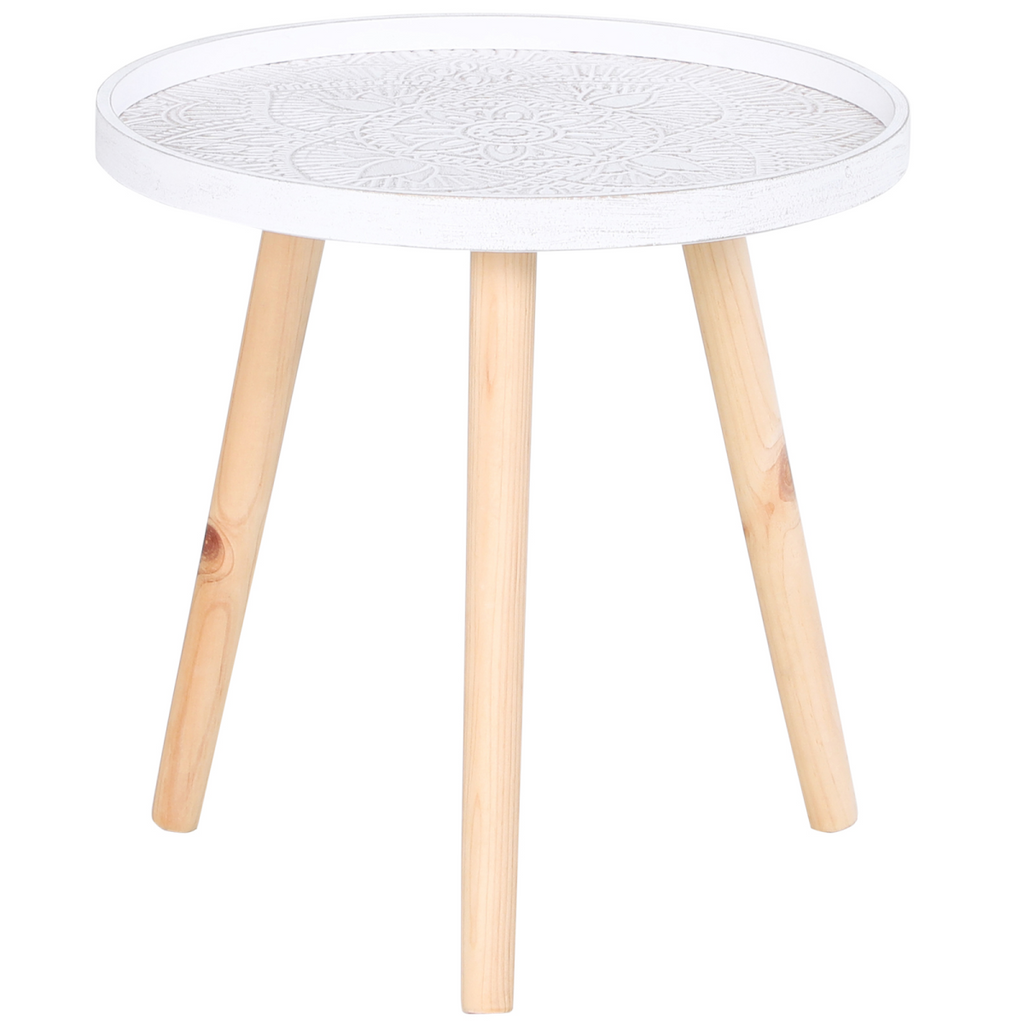 HOMCOM white pine wood side table with floral etching and saucer top, perfect for home decor and accenting spaces.