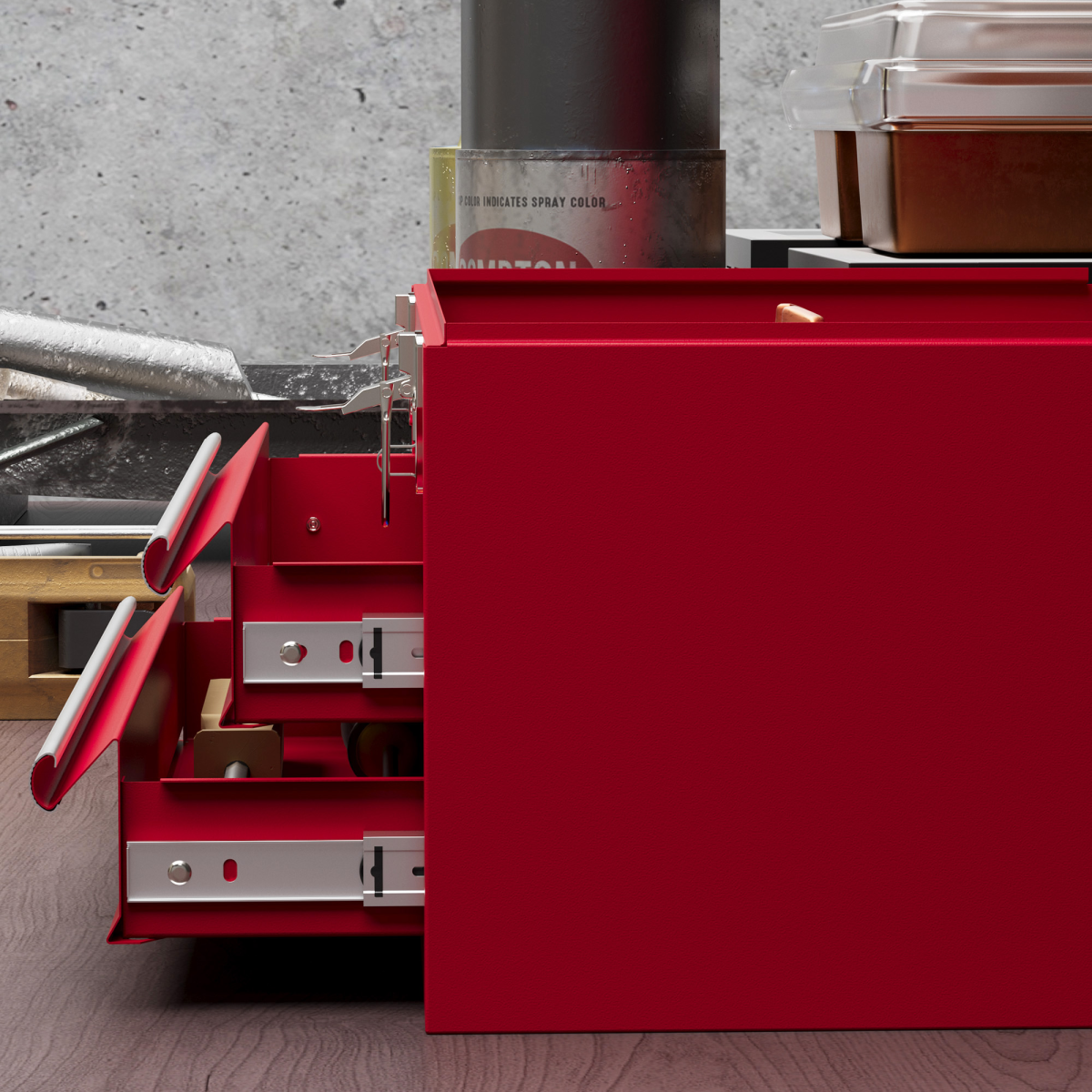DURHAND red lockable tool chest with two ball bearing slide drawers, ideal for organizing tools and accessories.