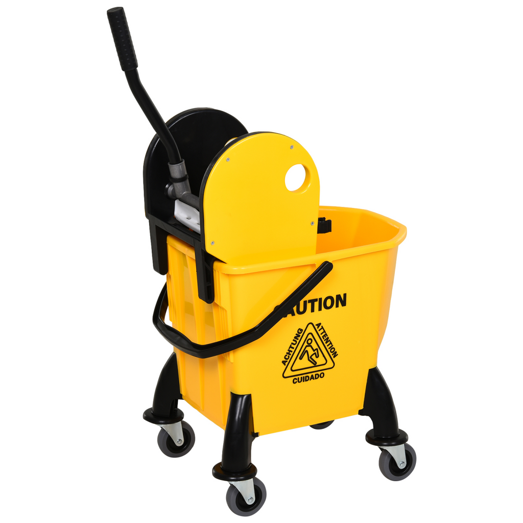 HOMCOM yellow 26L mop bucket with water wringer and four wheels, featuring a durable plastic body for easy cleaning.
