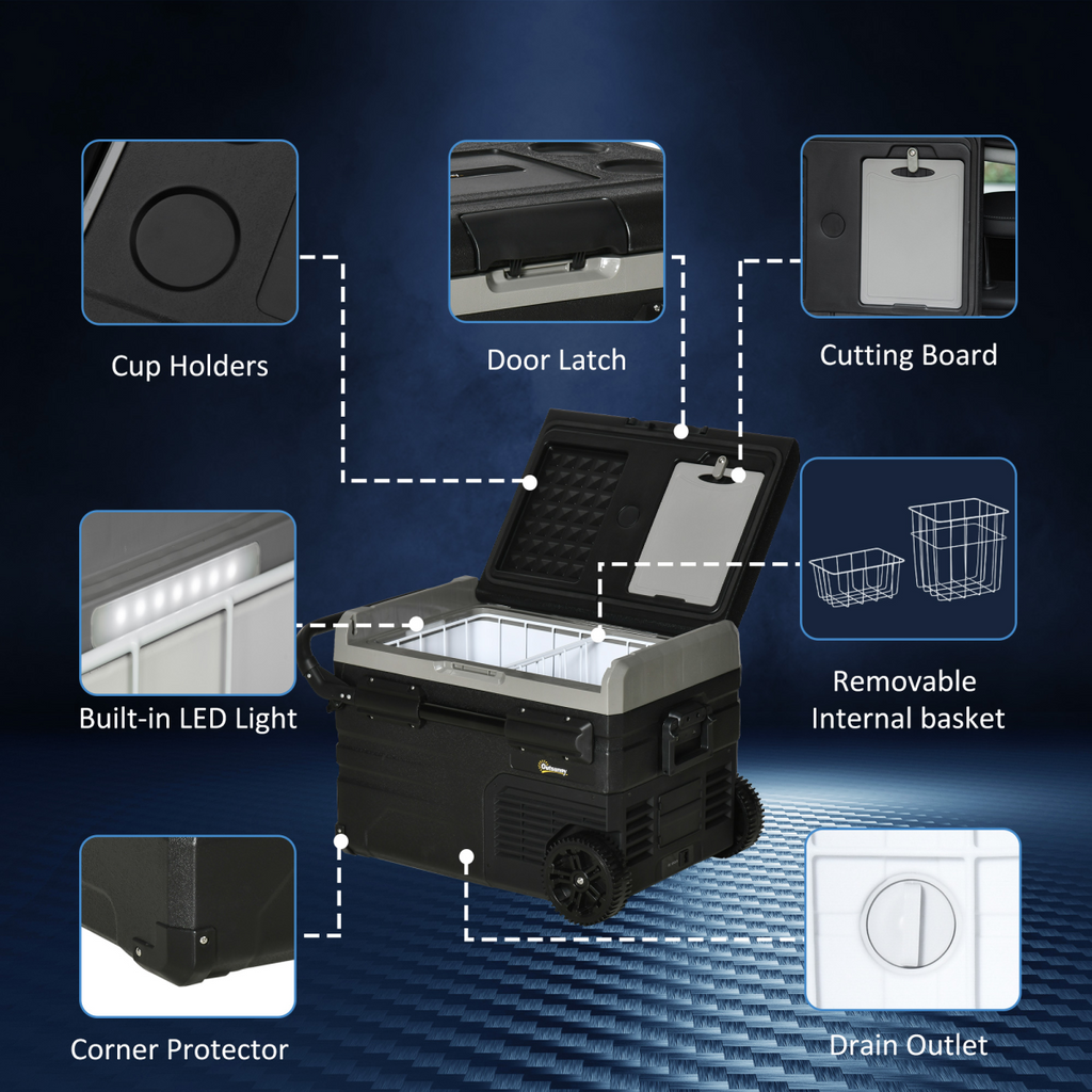 40L Car Refrigerator 12V Portable Freezer w/ Inner LED Light, Wheels Outsunny