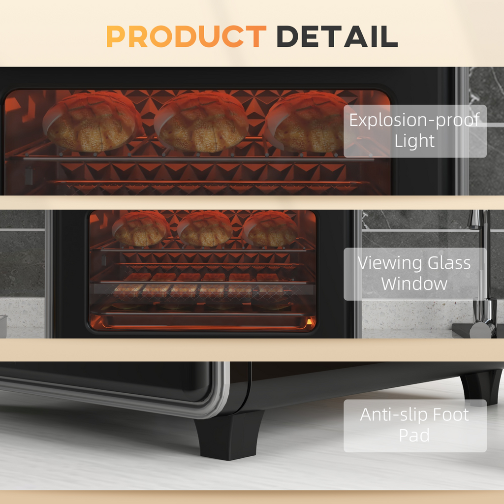 HOMCOM 20L air fryer oven in black, showcasing countertop design and seven cooking functions with convection technology.