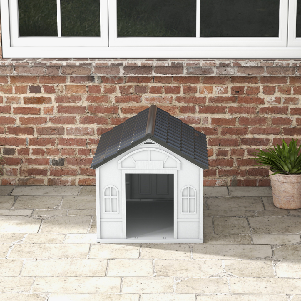 Grey PawHut weather-resistant dog house designed for medium dogs, featuring a sturdy construction and cozy shelter design.
