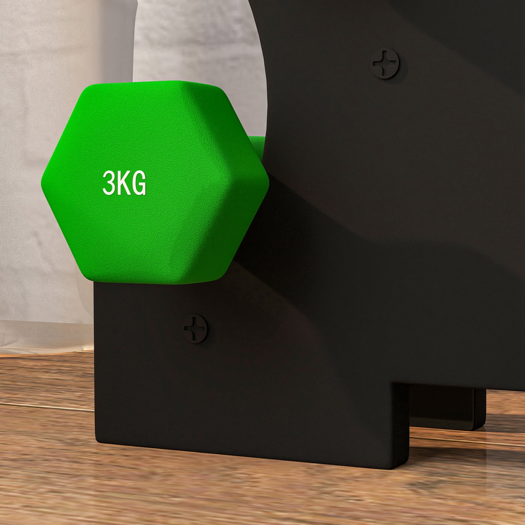 Hex dumbbells set with pink, purple, and green weights on a rack, featuring 2x1kg, 2x2kg, and 2x3kg from SPORTNOW.