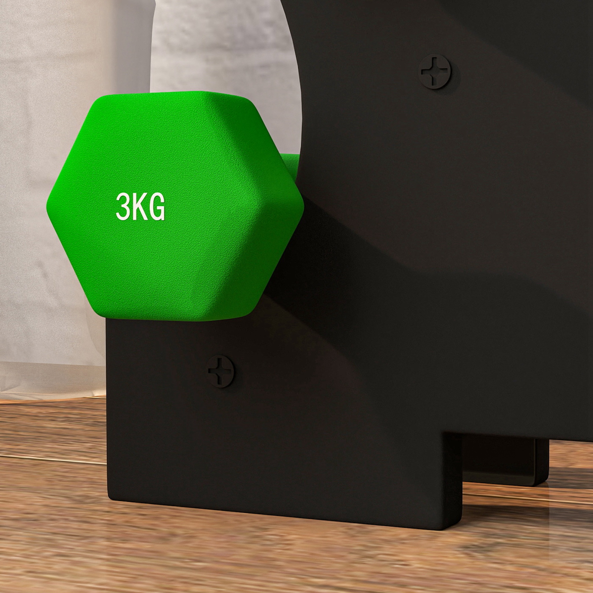 Hex dumbbells set with pink, purple, and green weights on a rack, featuring 2x1kg, 2x2kg, and 2x3kg from SPORTNOW.