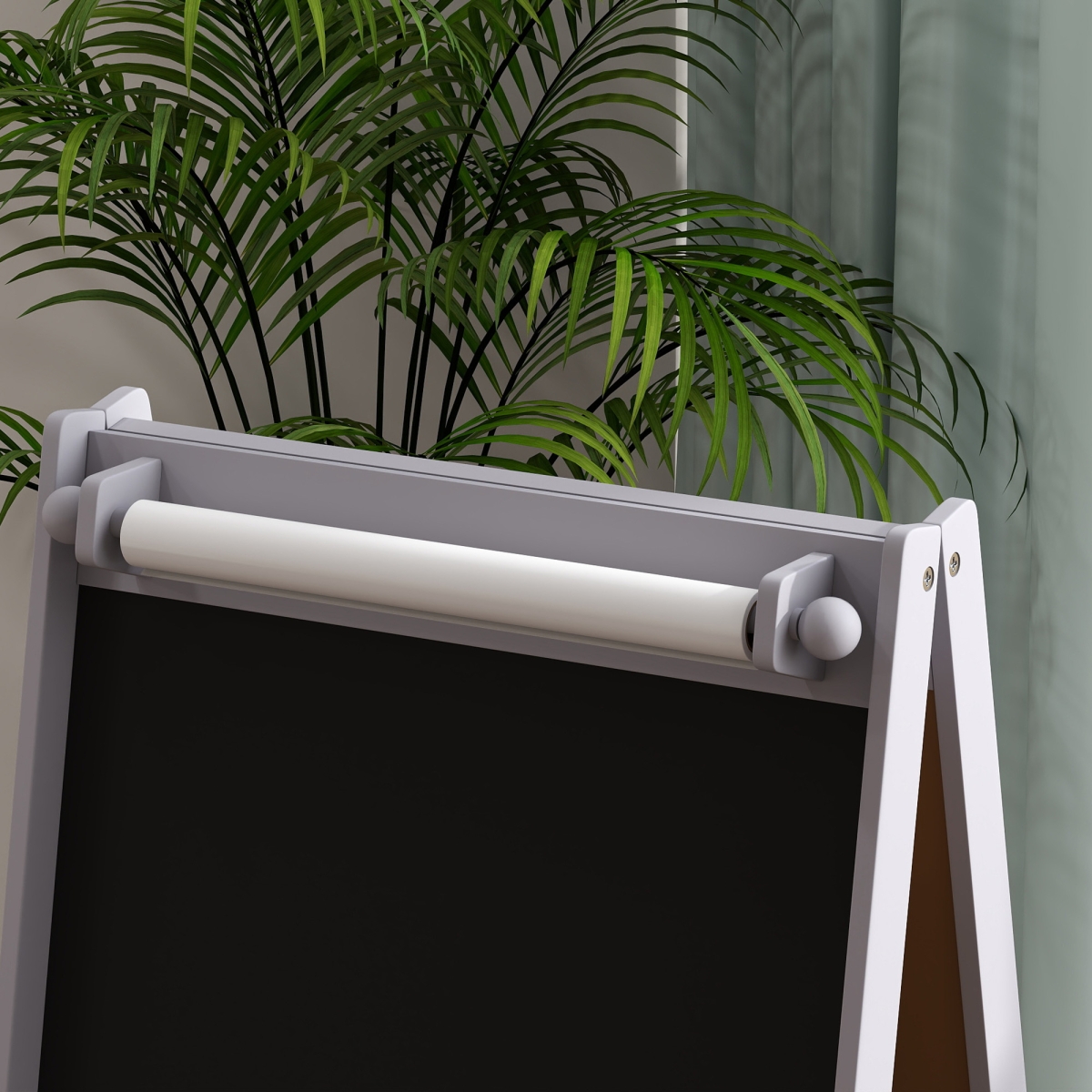 AIYAPLAY Kids Easel in grey featuring a paper roll, blackboard, whiteboard, and storage compartments for creative play.