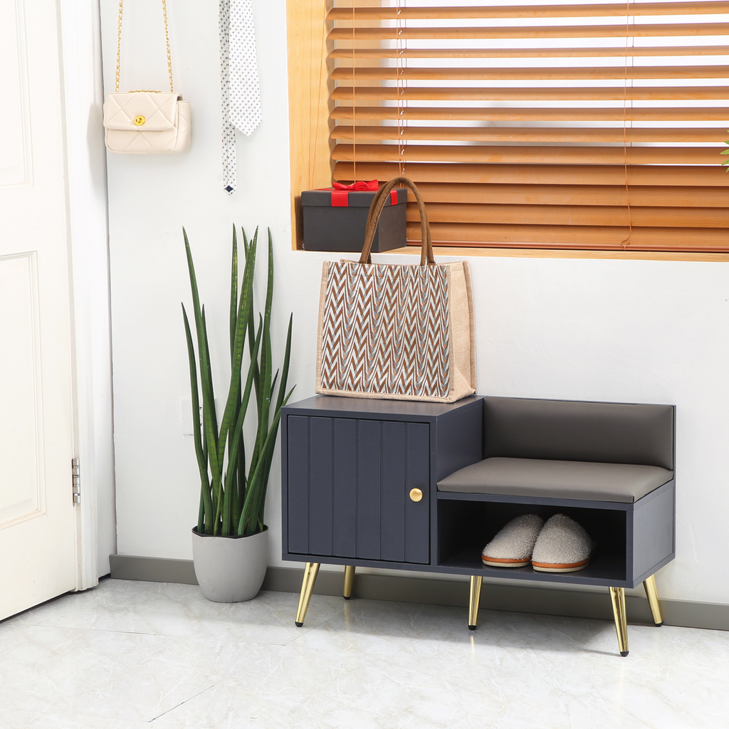 Grey shoe bench with seating cushion and storage cabinet, ideal for entryway or hallway by HomeCraft.