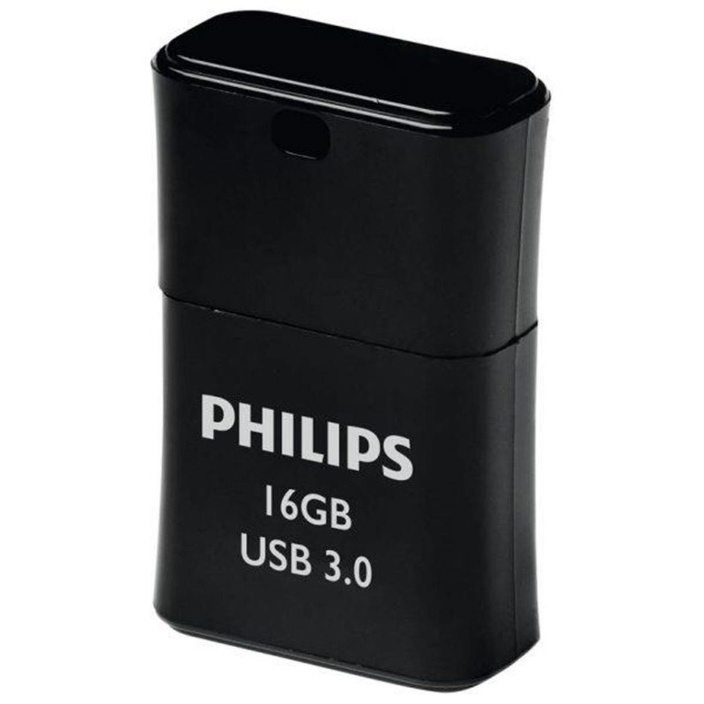 Philips USB 3.0 Pico Edition Flash Drive, 16GB, black, ultra-compact design, showcasing its sleek and portable profile.
