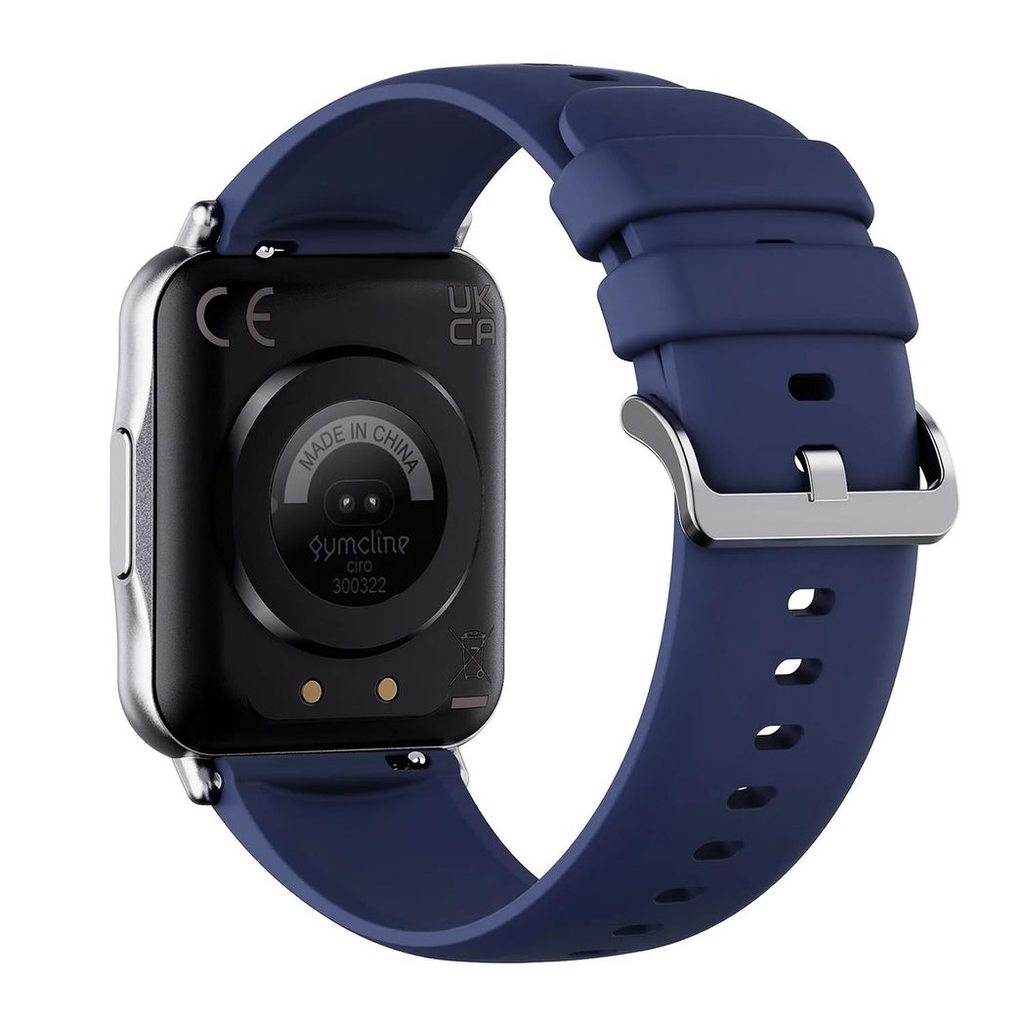 Navy Gymcline fitness tracker displaying 25 sports modes and IP68 water protection on a wrist.