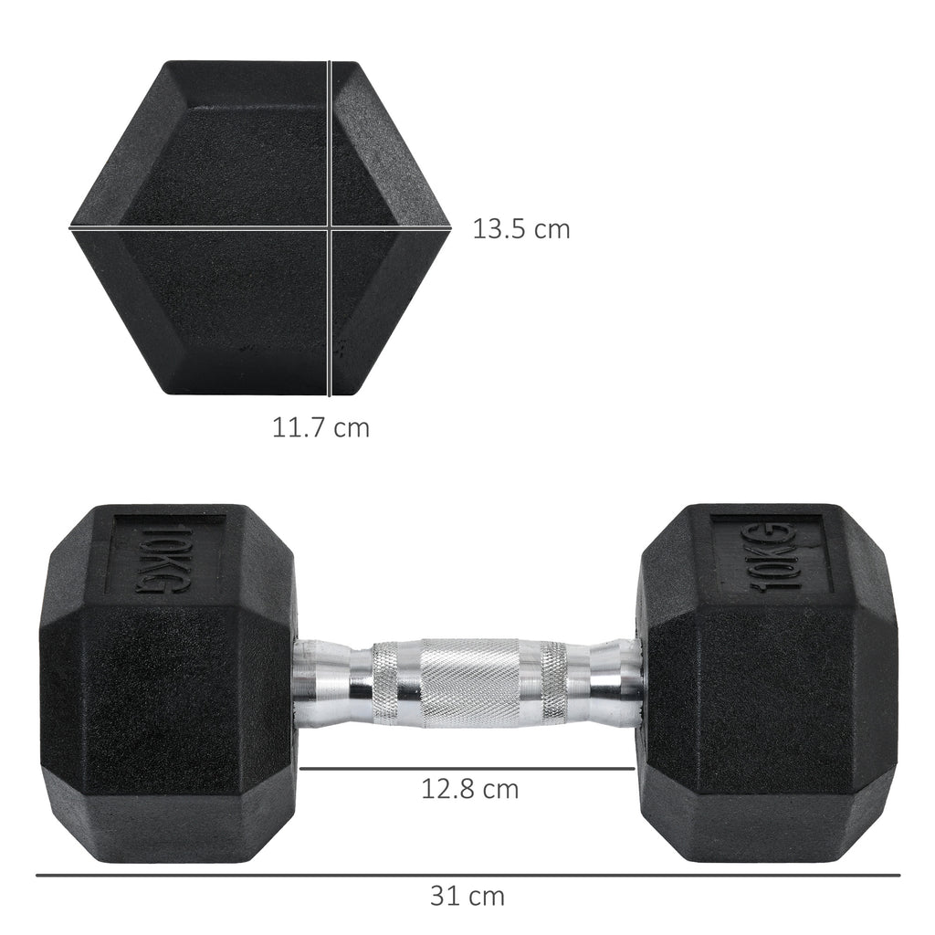 Hexagonal 10kg dumbbells by ActiveGear for weight lifting and home fitness, featuring a durable design and ergonomic grip.