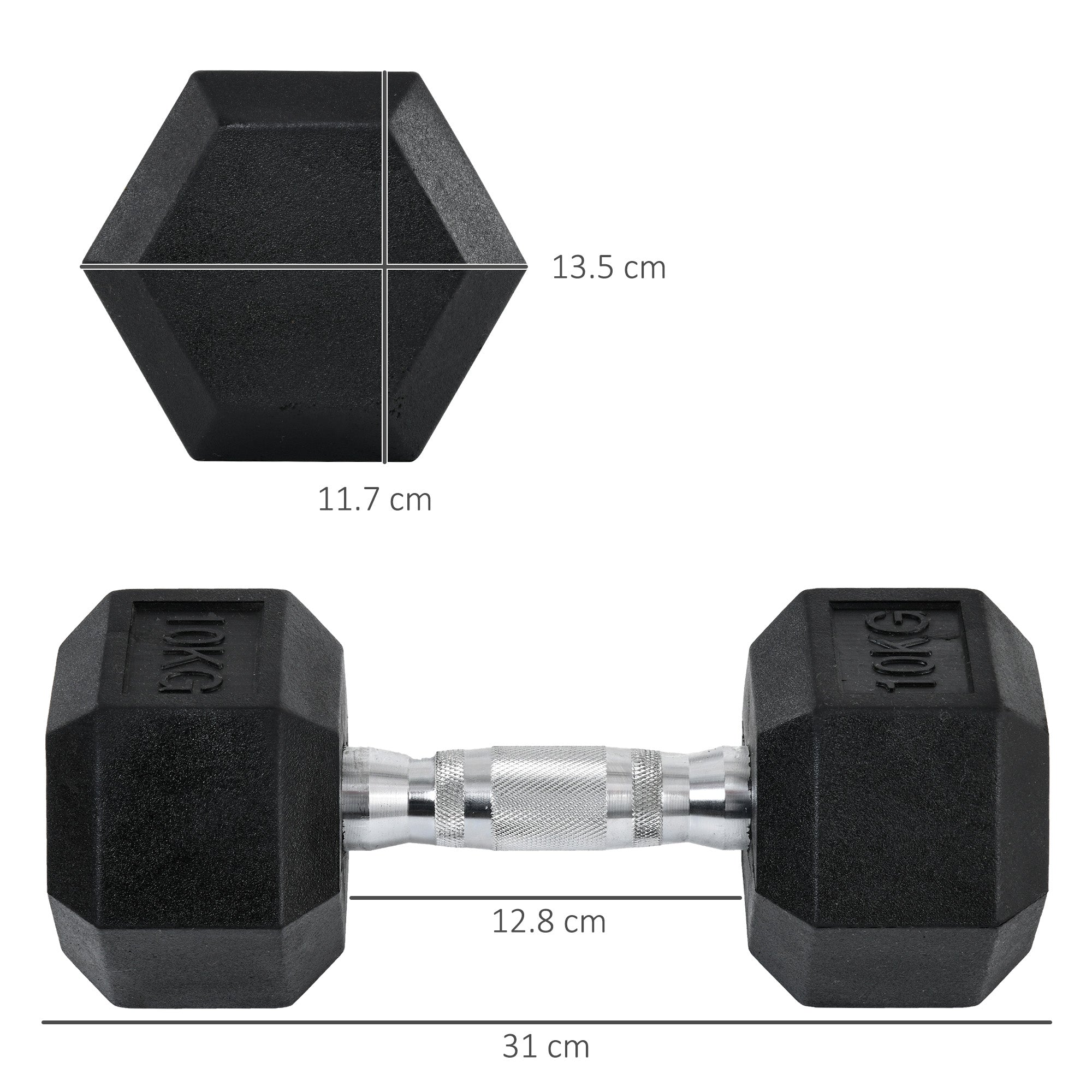 Hexagonal 10kg dumbbells by ActiveGear for weight lifting and home fitness, featuring a durable design and ergonomic grip.