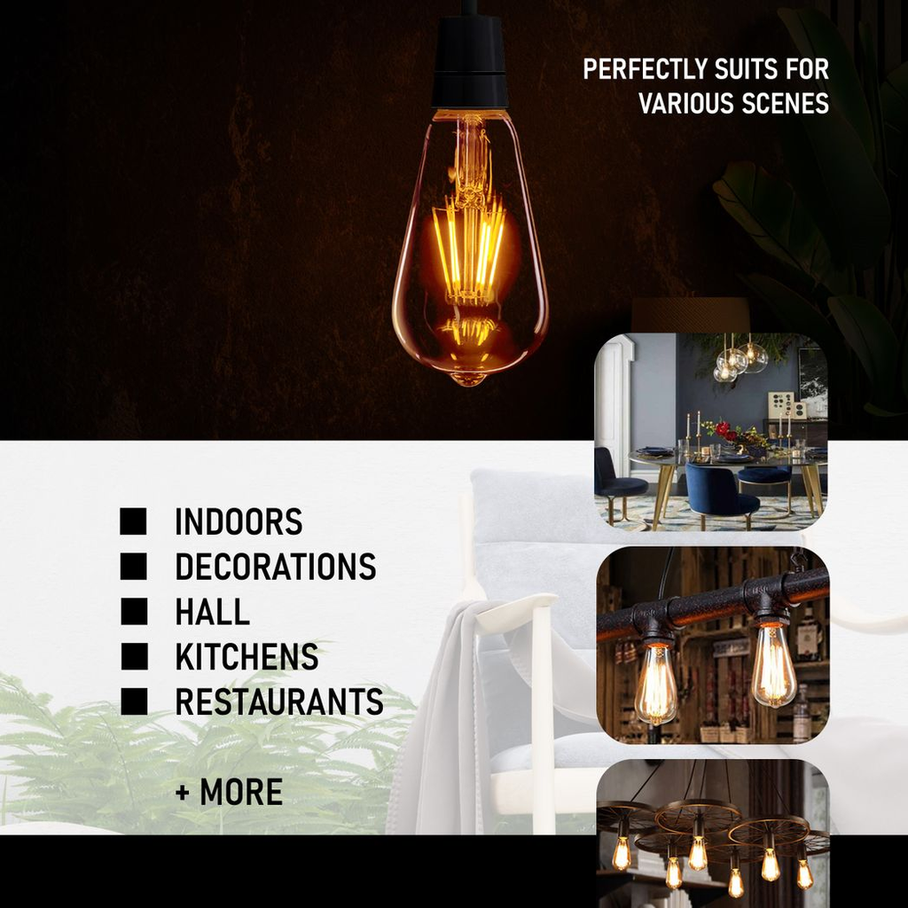 Vintage amber LED Edison bulbs in a 2-pack, E27 dimmable, ST64 design, 2700K color temperature by Ledsone.
