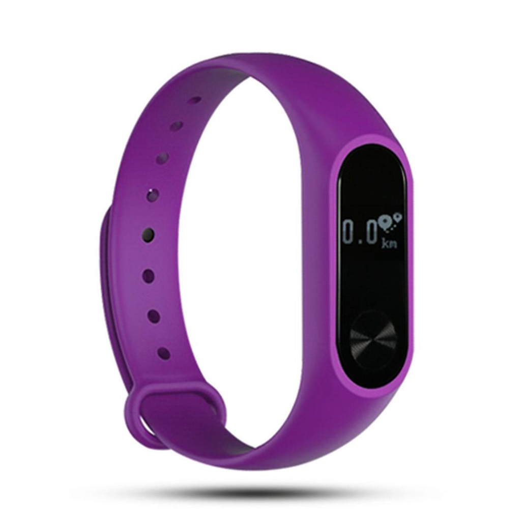 Purple Fitness Tracker by Aquarius with heart rate monitor and OLED display on a white background.