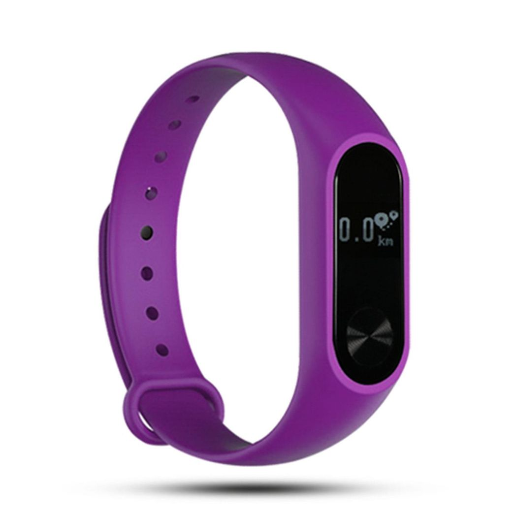 Purple Fitness Tracker by Aquarius with heart rate monitor and OLED display on a white background.