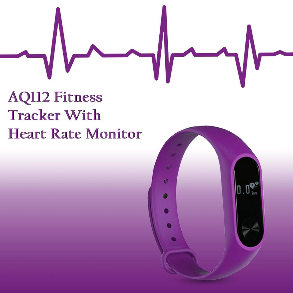 Aquarius ActiveGear fitness tracker in purple, featuring heart rate monitor and clear OLED display.