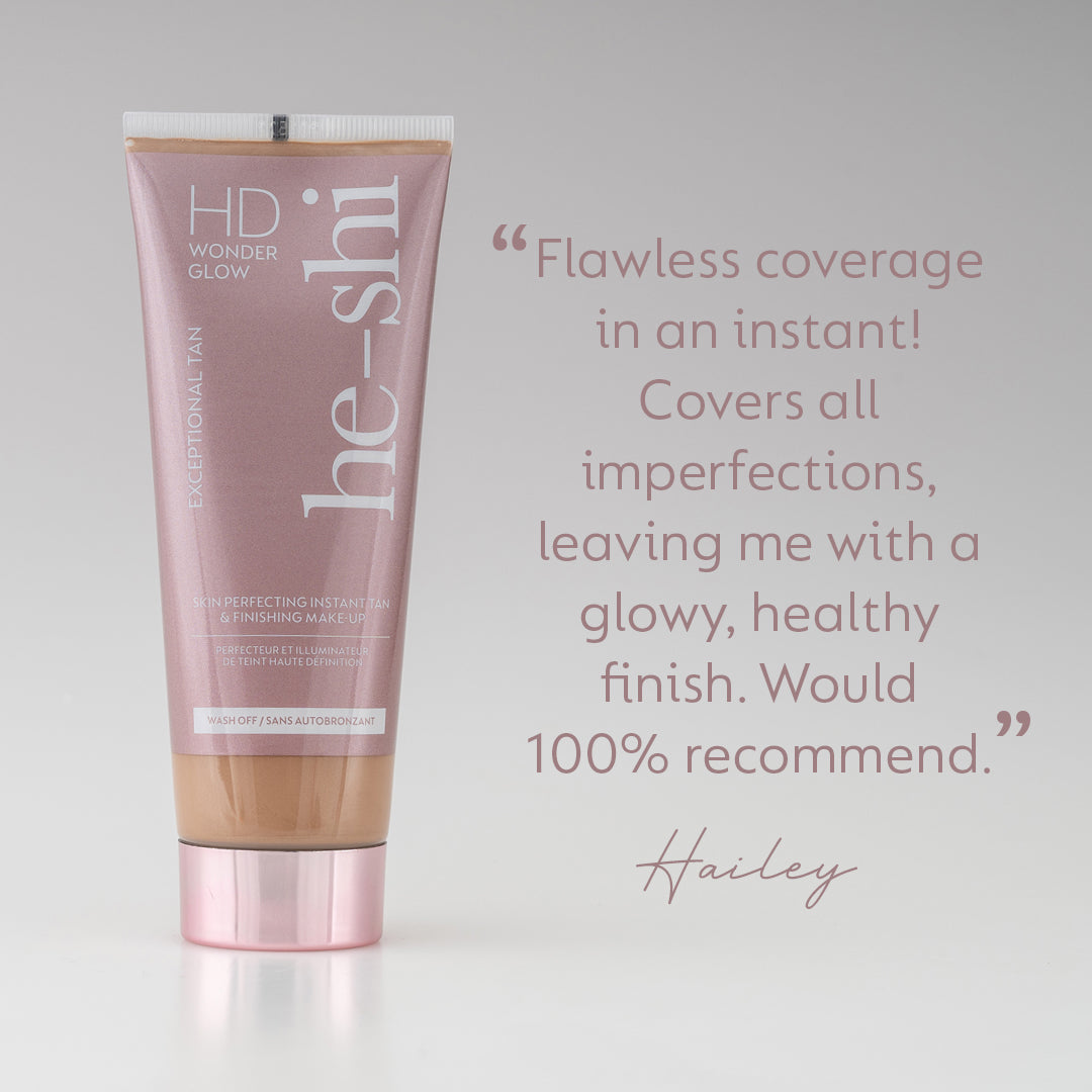 He-Shi HD Wonder Glow body makeup in a bottle, showcasing a shimmering, radiant formula for a glow effect.