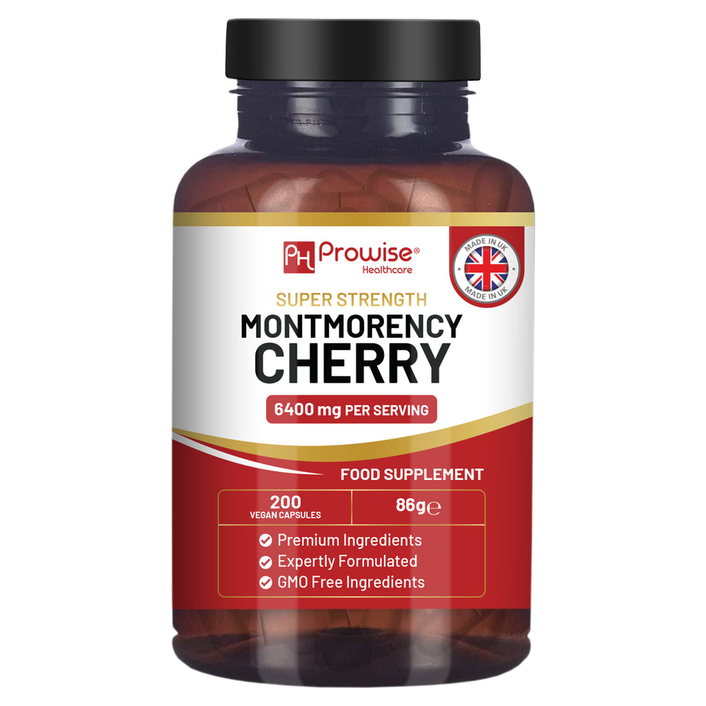 GlowCare Montmorency Cherry capsules, showing 200 tart cherry capsules in a bottle, ideal supplement for men and women.