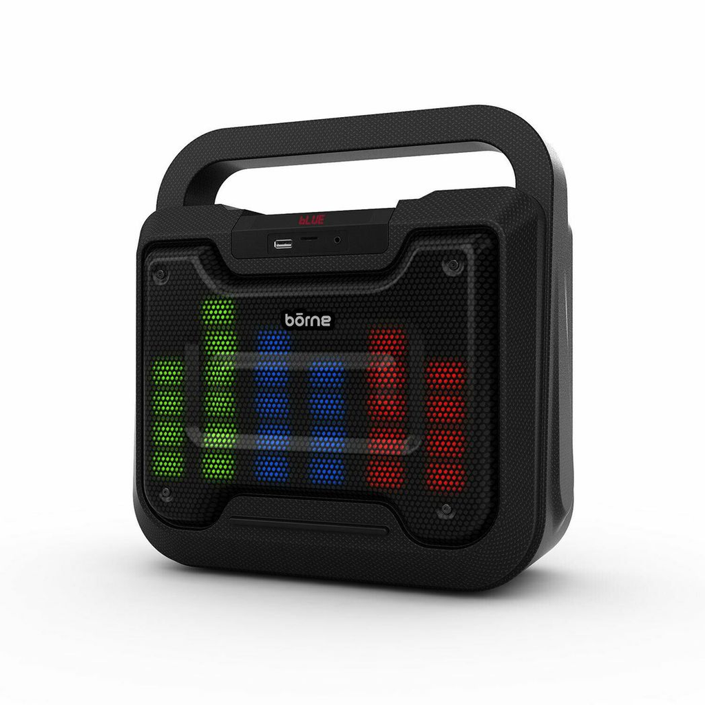 BORNE Bluetooth speaker with LED lights and karaoke function, showcasing vibrant lights and portable design.