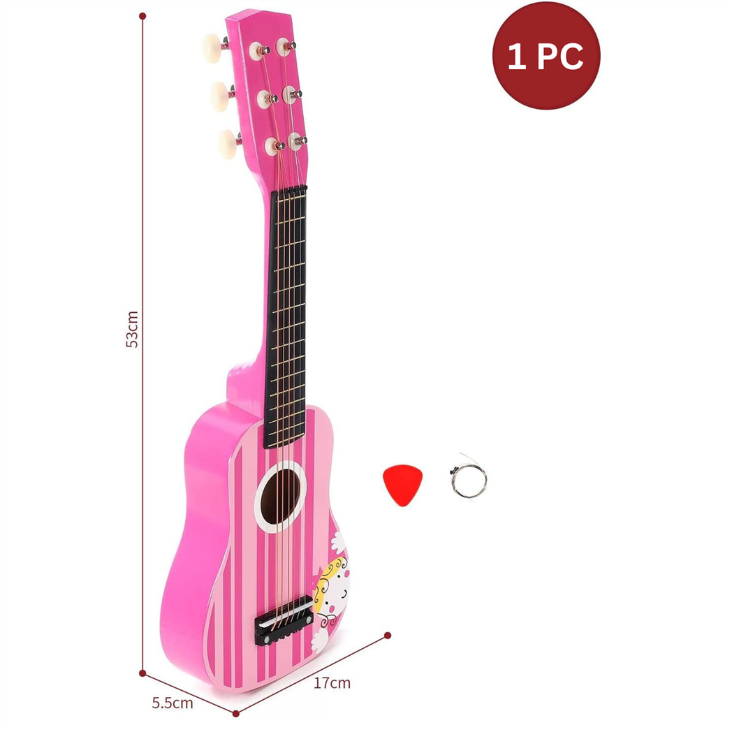SOKA pink striped wooden guitar toy for kids, designed for pretend play and early musical development.